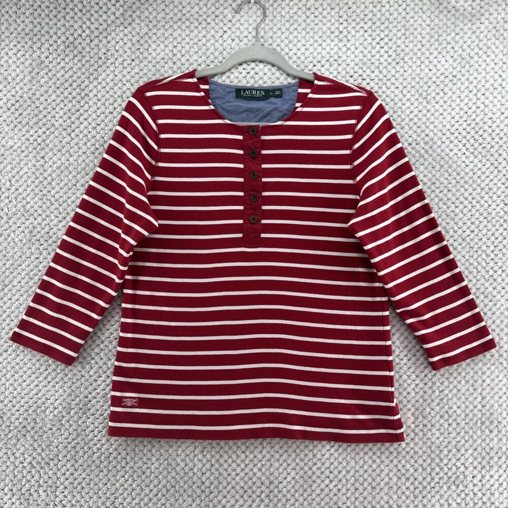 Lauren Ralph Lauren Henley Top Womens XL Red White Striped 3/4 Sleeve Crew Neck